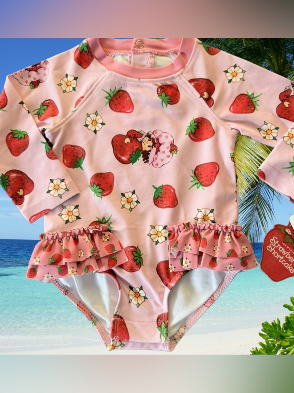 NWT Strawberry Shortcake Bathing Swim Suit LS UPF 50+ 6/9m Snap Crotch Ruffled